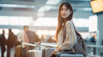 冬の空港で出発を前に少し緊張している若い女性