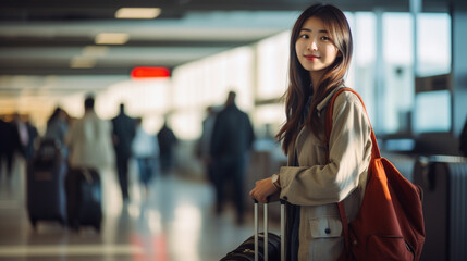 年末年始の海外旅行のために空港で飛行機を待っている日本人女性 - obrazy, fototapety, plakaty