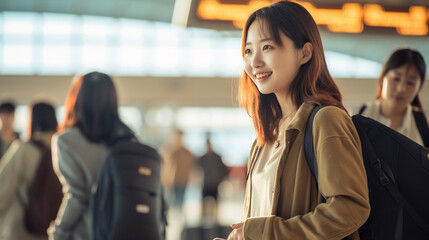 空港で飛行機の時間まで友達と話しながら過ごす日本人女性