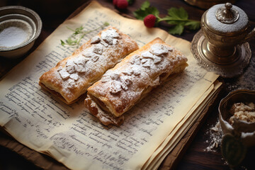 A vintage recipe book lies open on a wooden table, revealing a time-worn page dedicated to making strudel - obrazy, fototapety, plakaty