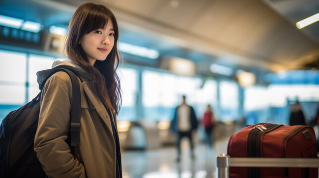 年末年始の海外旅行のために空港で飛行機を待っている日本人女性