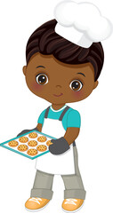 Cute Little Black Boy Wearing Chef's Uniform Holding Tray with Cookies. Vector Cute Little Chef