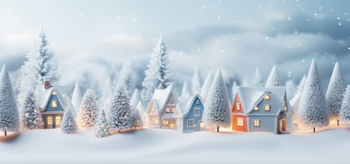 A winter wonderland with a charming village covered in snow and surrounded by festive trees