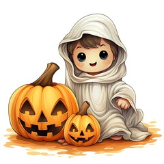 Halloween background cute ghost with pumpkin, Generative AI