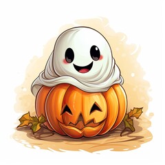 Halloween background cute ghost with pumpkin, Generative AI