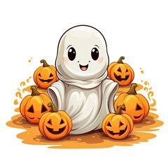 Halloween background cute ghost with pumpkin, Generative AI
