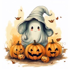 Halloween background cute ghost with pumpkin, Generative AI