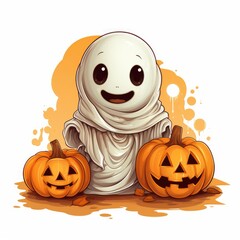 Halloween background cute ghost with pumpkin, Generative AI