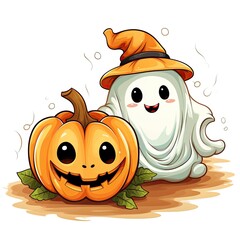 Halloween background cute ghost with pumpkin, Generative AI
