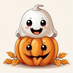 Halloween background cute ghost with pumpkin, Generative AI