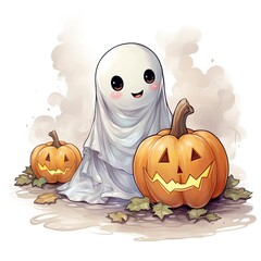 Halloween background cute ghost with pumpkin, Generative AI