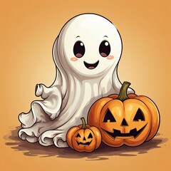 Halloween background cute ghost with pumpkin, Generative AI