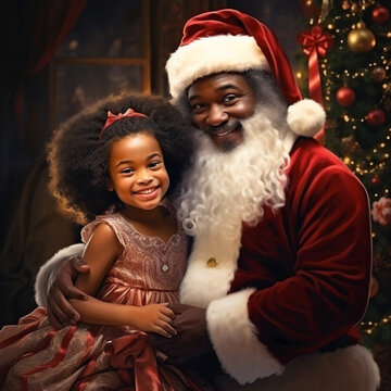 Santa Claus gives gifts to a little beautiful girl. Christmas in every family.