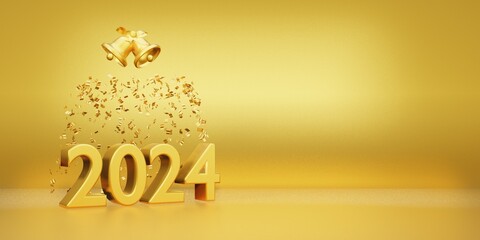Happy new year 2024 gold number with bell and confetti on shiny background