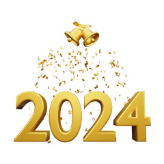 Happy new year 2024 gold number with bell and confetti