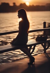 silhouette of a woman on a pier at sunset