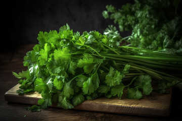 Fresh parsley herbs on wooden table and dark  background. Generative AI