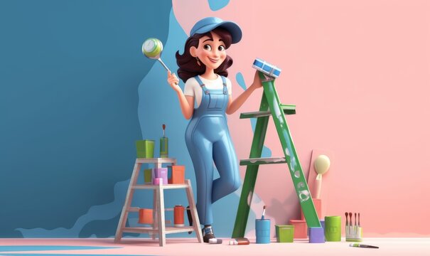 3d illustration of happy cute lady painter in blue work overalls holds a roller with ecological paint in her hand. Objects for renovation, green step ladder, paint buckets, brushes, jar, Generative AI
