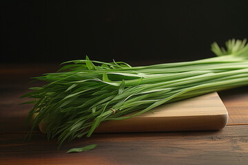 Fresh lemon grass herbs on wooden table and dark  background. Generative AI
