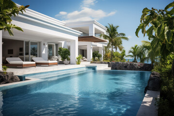 Fototapeta premium Luxury villa with a swimming pool, expensive real estate, holiday by the sea in a rented villa