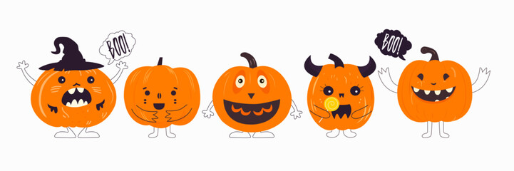 Cute cartoon pumpkin monster. Happy halloween print. Boo Halloween. Autumn, Fall. Cute vector card with pumpkins. 