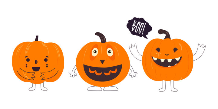 Cute cartoon pumpkin monster. Happy halloween print. Boo Halloween. Autumn, Fall. Cute vector card with pumpkins. 