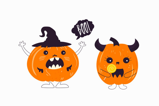 Cute cartoon pumpkin monster. Happy halloween print. Boo Halloween. Autumn, Fall. Cute vector card with pumpkins. 