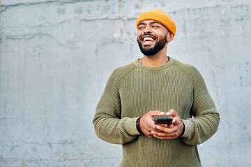 Cellphone, excited and young man by wall networking on social media, mobile app or the internet....