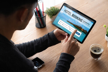Online hotel accommodation booking website provide modish reservation system . Travel technology concept .