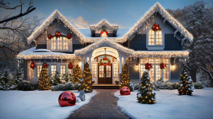 Snowy beautiful christmas house decorated with colorful lights. View of the house in winter.