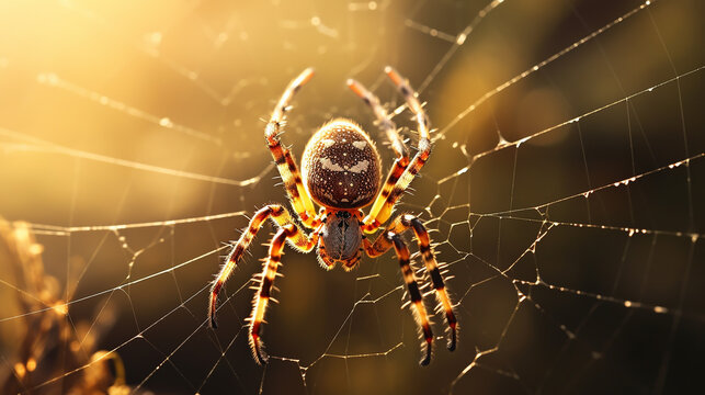 A LARGE SPIDER IN A WEB, ILLUMINATED BY SUNLIGHT. HORIZONTAL IMAGE, MACRO PHOTOGRAPHY, legal AI