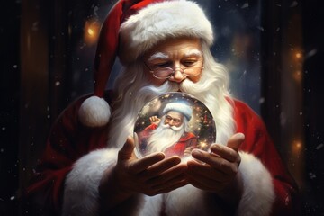 Naklejka premium Santa Claus holding a glass ball with a picture of himself inside