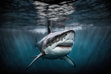 Ocean shark bottom view from below. Open toothy dangerous mouth with many teeth. Underwater blue sea waves clear water shark swims forward - obrazy, fototapety, plakaty