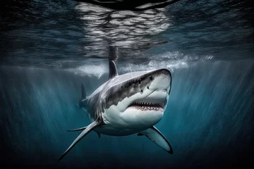 Foto op Aluminium Ocean shark bottom view from below. Open toothy dangerous mouth with many teeth. Underwater blue sea waves clear water shark swims forward © Hernan