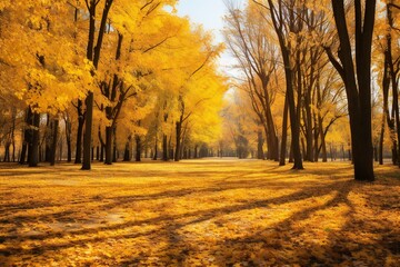 Fototapeta premium Beautiful bright colorful autumn landscape with a carpet of yellow orange leaves. Natural park with autumn trees on a bright sunny day