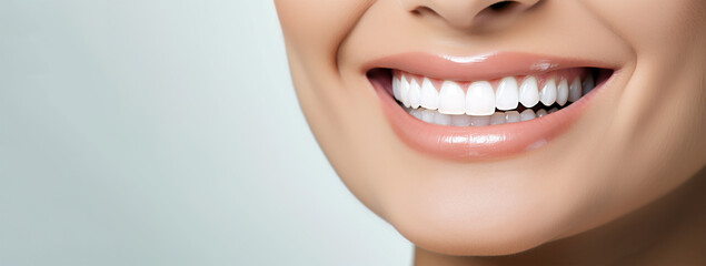 WOMAN SMILING, SHOWING WHITE HEALTHY TEETH, CLOSE-UP. TEMPLATE FOR DENTAL ADVERTISING POSTER, legal AI