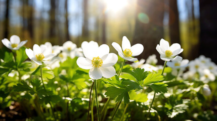 white flowers in the forest with beautiful sunlight lens flare between the trees - obrazy, fototapety, plakaty