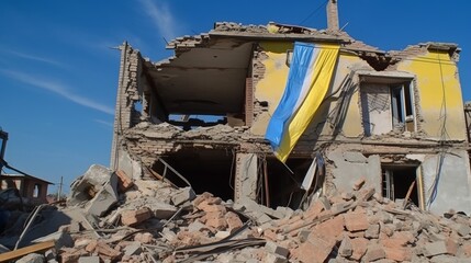 Fototapeta premium Flag of Ukraine in front of destroyed home buildings because of earthquake or war missile strike. 