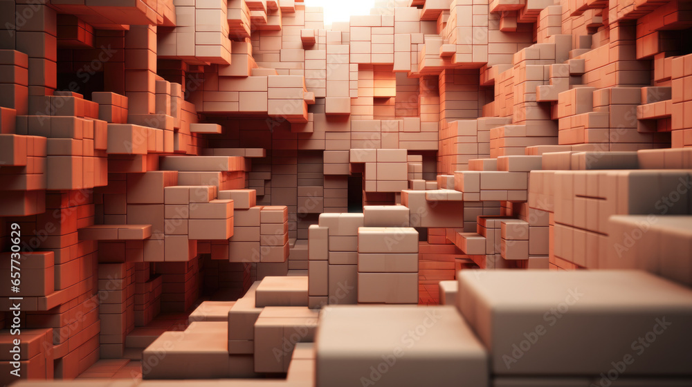 Poster abstract 3d rendering of a large room with many cubes, ai