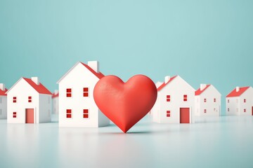 White houses and one red. Red papercraft house with heart, beloved family home concept. Searching for real estate property, house or new home. 3d, Generative AI - obrazy, fototapety, plakaty