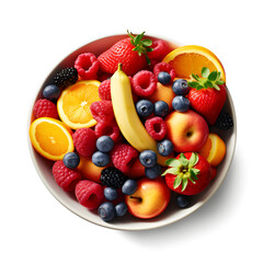 Bowl of brightly colored fruits, each isolated on a white background
