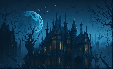 Fototapeta na wymiar Background for Halloween. ancient gothic castle, haunted mansion on spooky night created with generative ai