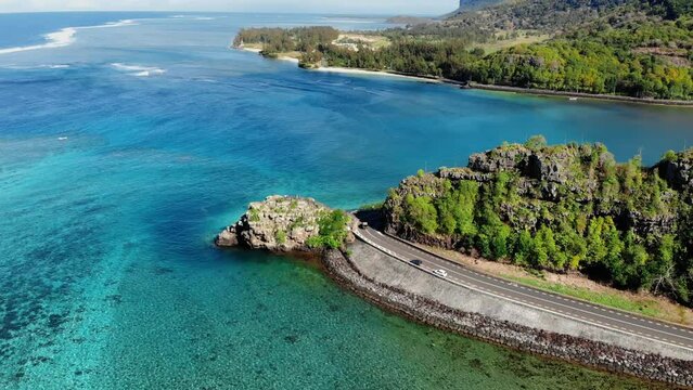 Aerial view of Maconde cape with ocean in Mauritius island.