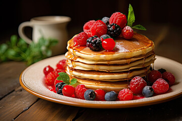 a stack of pancakes with berries and syrup on a plate