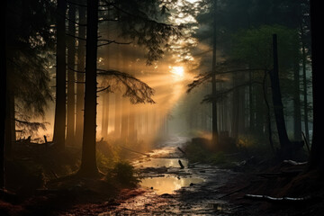 Mystical mysterious fog in the forest at sunset