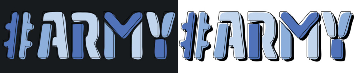 ARMY Hashtag. Isolate curves doodle letters. Set 2 in 1. 3 colors. Popular Hashtag #ARMY for social network, web resources, mobile apps, games. Stock picture.