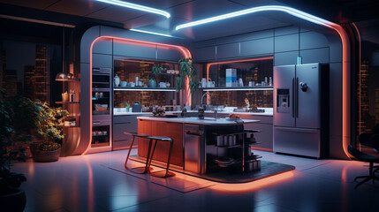 futuristic kitchen with friendly theme, garden pots and eco-friendly technology generative ai