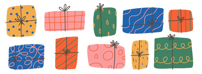 Hand drawn Christmas present birthday gift vector illustration collection set simple drawing modern design elements decorative pattern wrapping paper and ribbon bow presents bright colourful icons