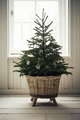 A charming Christmas tree in a rustic wicker basket