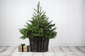 A festive Christmas tree and gift basket